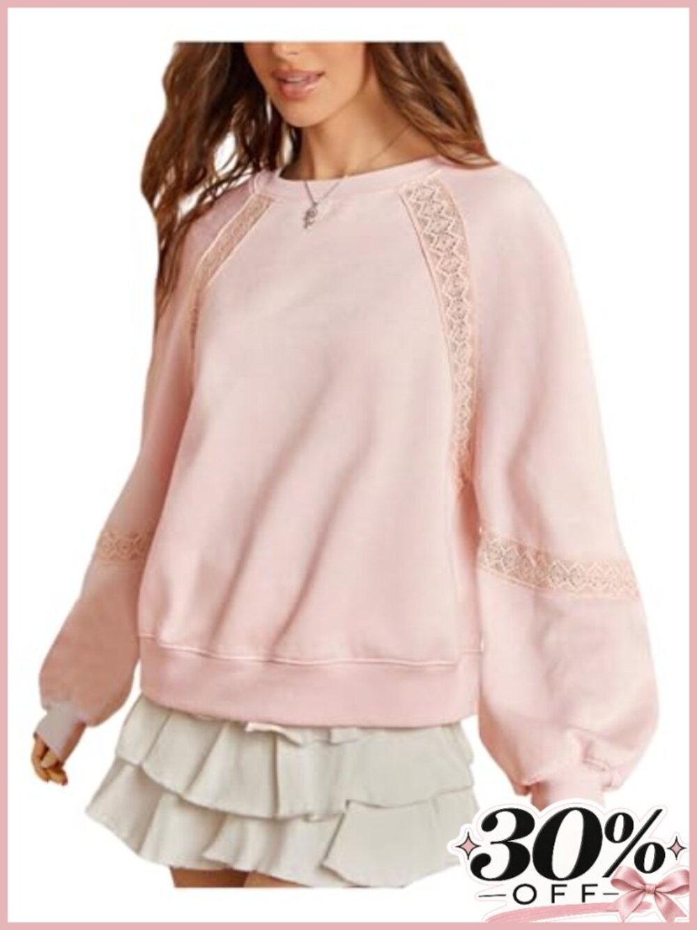 Lace Contrast Crew Neck Pullover Sweatshirt Long Sleeve